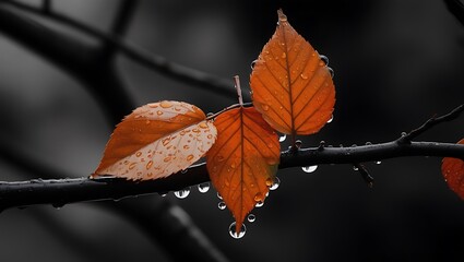 Leaf with water droplets set against a soft blurred background