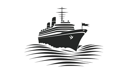 Obraz premium A stylized black and white illustration of a cruise ship sailing through waves.