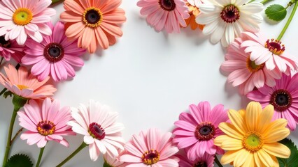 Top down view, many summer flowers, background made of flowers, pastel colors, with space for text 