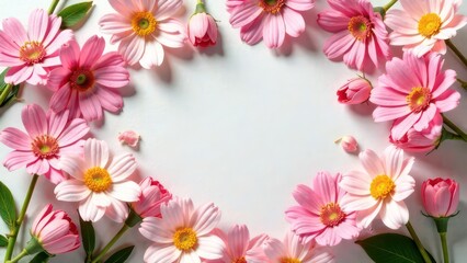 Fototapeta premium Top down view, many summer flowers, background made of flowers, pastel colors, with space for text 