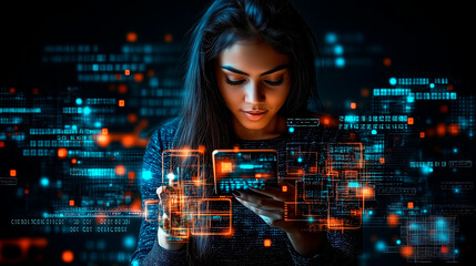 Naklejka premium Woman using mobile phone, surfing internet and smart city, innovative technology background