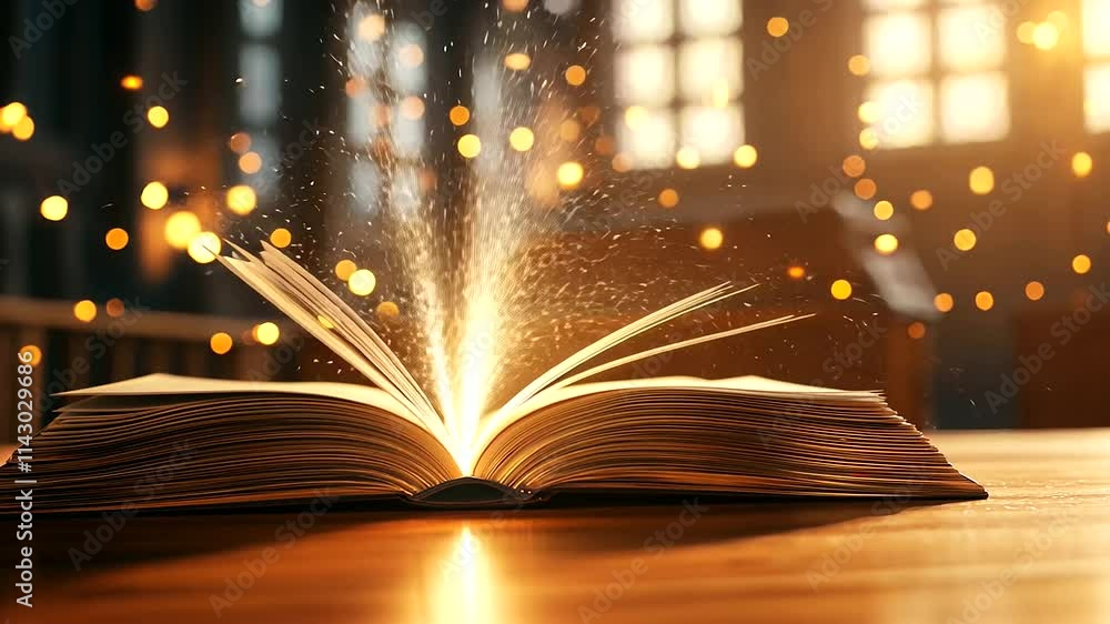 Poster magical book with floating lights in dimly lit setting