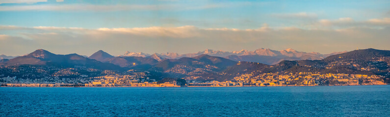 Panoramic view of the French Riviera coastline near Nice, with the Alps nin the background, Provence-alpes-côte d'azur, France