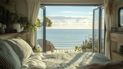 A luxurious caravan on a coastal campsite, patio doors open to reveal a sun-drenched deck