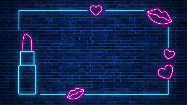 cosmetics lipstick neon lights borde frame with lip and hearts on brick wall animation, beauty and make up social media motion background