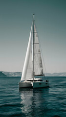 Obraz premium Sailboat glides across reflective blue water beneath a clear sky Vertical Mobile Wallpaper