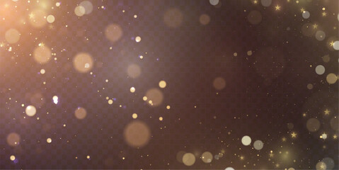 Gold dust light bokeh. Christmas glowing bokeh and glitter overlay texture for your design on a transparent background. Golden particles abstract vector background.	
