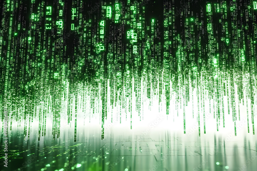 Poster abstract green digital rain with matrix code in futuristic cyber background. perfect for technology 