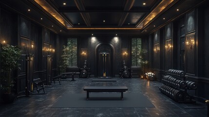 Luxurious dark gym interior with gold accents, weightlifting equipment, and elegant design.