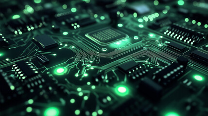 Obraz premium 緑色LEDが照らす精密回路基板のマクロフォーカス