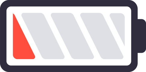 Battery icon displaying a critically low charge level, signaling the need for connection to a power source to prevent imminent device shutdown