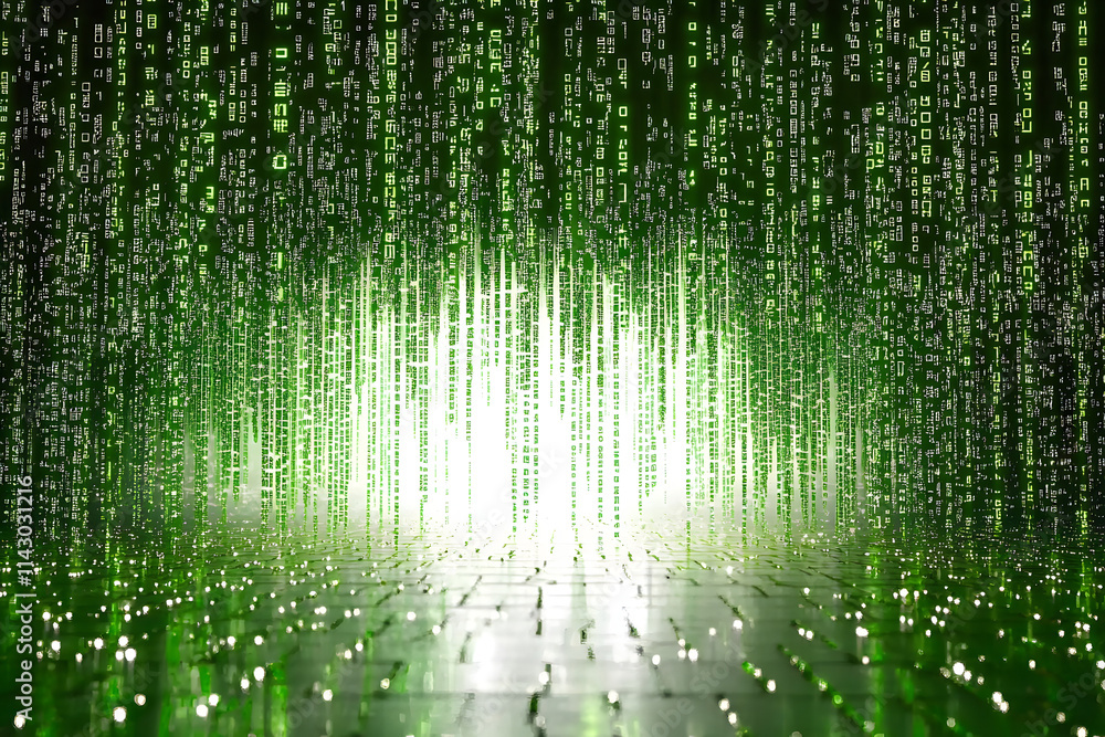 Poster abstract green digital rain with matrix code in futuristic cyber background. perfect for technology 