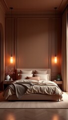 A stylish bedroom featuring modern mocha mousse hues, evoking warmth and comfort. Perfect for interior design, home decor, and lifestyle projects.