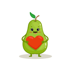 Cute pear with red heart. Cartoon fruit in flat style. Food character illustration for kids. Vector illustration.
