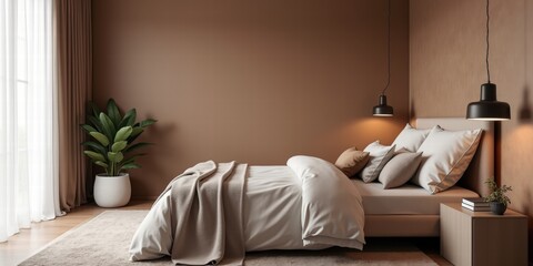 A serene bedroom featuring modern mocha mousse color scheme, showcasing elegance and comfort with neutral textiles and natural elements.