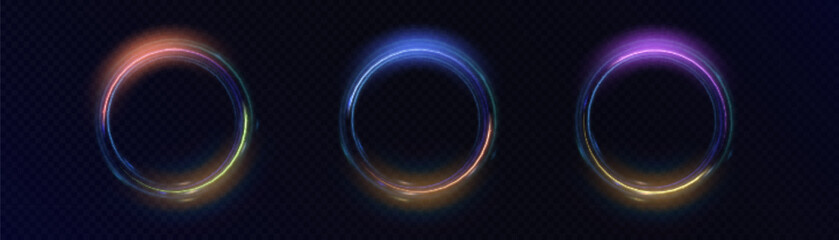 Set of round frames with bright blue and yellow colorful glow. Round frame of light effect on transparent background. For web design and illustrations © Valeriia
