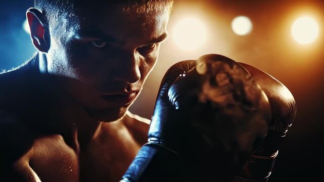 Intense male boxer with focused gaze in dimly lit boxing gym - concept of sport