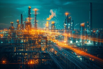 Night view of illuminated industrial refinery complex.