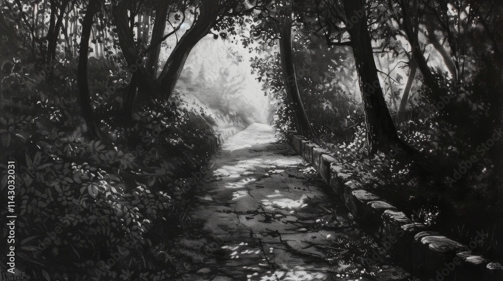 Aufkleber a narrow forest path covered in dappled light and shadows, flanked by dense greenery and stone borde