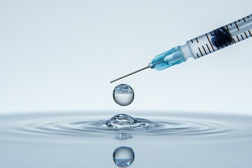Syringe needle with a single water drop, reflection, blue hue.