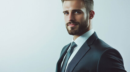 A professional portrait of a man in his 30s, dressed in a tailored suit, exuding confidence and sophistication, captured with soft studio lighting against a clean white background.