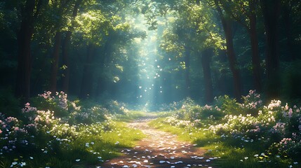 Sunlit path through a magical forest with blooming flowers and floating petals.
