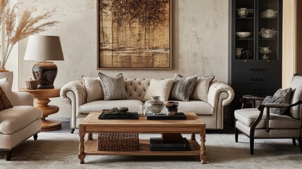 Modern living room interior design with beige sofa, wooden coffee table, stylish armchair, bench, wall with stucco, and personal accessories.