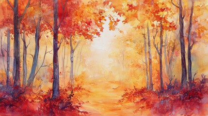 A painting of a path through a forest in the fall