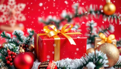 Red gift wrapped with gold ribbon sits in snowy decorations, Christmas ornaments. Festive scene promotes holiday sales, Christmas gift ideas. Snowy winter landscape background. Christmas spirit,