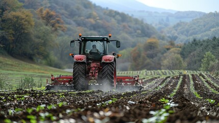 Fototapeta premium A tractor plowing a field, preparing the land for planting crops in a rural landscape.