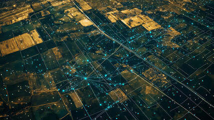 Drone image of roads and fields with tech-inspired data lines overlay.