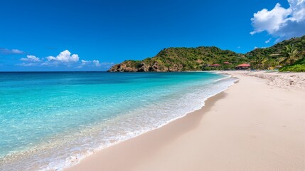 Fototapeta premium A sandy beach with clear blue water and white sand