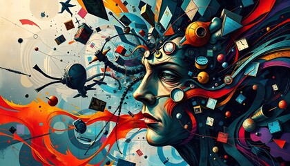 an abstract depiction of chaos and inner turmoil with vibrant swirling shapes, representing the distressed mind through bold colors and dynamic patterns
