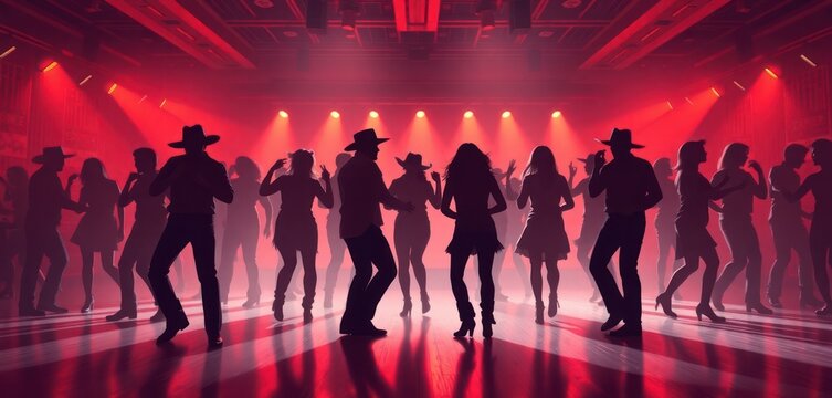 Group of people dancing in nightclub. Country line dancing. Silhouette style illustration with red lighting, spotlights. Many dancers wearing cowboy hats, western style clothes. Energetic atmosphere