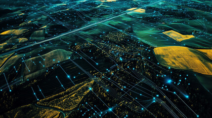 Abstract data points and lines on a satellite image of roads and fields.