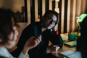 A focused business team working together late at night in an office setting. The desks are filled with documents, showing dedication and teamwork as they collaborate on an important project.
