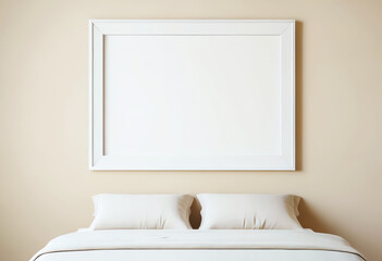 Blank flat poster board with white copy space inside hanging in bedroom above bed with two pillows, front view, flat lay, mock up, minimalist style.