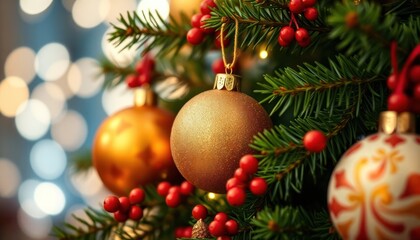 Festive Christmas ornaments decorate evergreen branches. Gold, orange baubles sparkle with bokeh lights. Red berries add touch of festive cheer. Christmas tree branches full of decorations. Warm glow