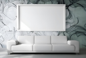 Empty flat poster board with white copy space inside hanging in stylish living room above light home sofa, abstract painted walls, front view, flat lay, mock up, minimalist style.