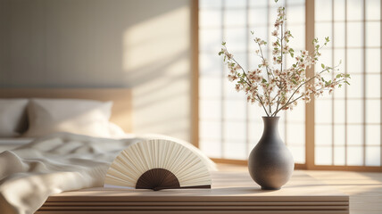 朝の自然光が彩るベッドの上の扇子と花瓶