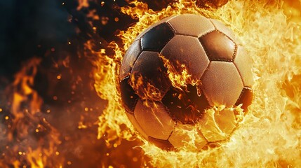 A soccer ball in flames on a black background