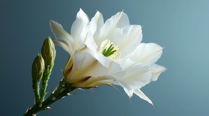 Obraz premium A white flower on a cactus with a blue background