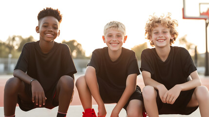 Diverse youth group smiling outdoors, horizontal, perfect for school programs, summer camps, youth sports and community initiatives