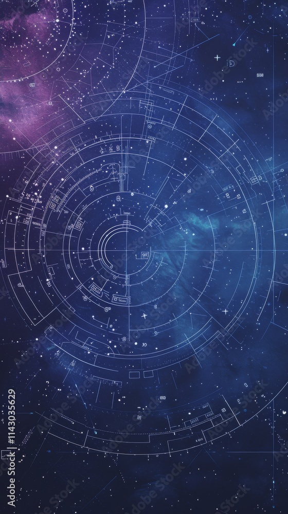 Poster a stunning depiction of a cosmic star map featuring circular patterns and galaxy structures set agai