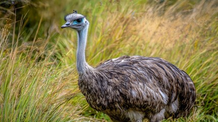 A large bird standing in a field of tall grass