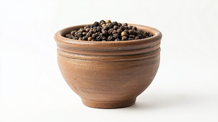 A brown bowl filled with black peppercorns on a white background