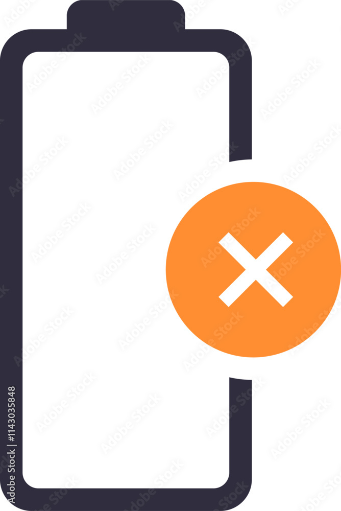 Poster simple and minimalist vector graphic of an empty battery icon with a prominent cross mark, symbolizi