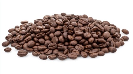 A pile of coffee beans on a white background