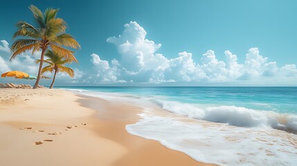Idyllic tropical beach scene with palm trees, turquoise water, and white sand.