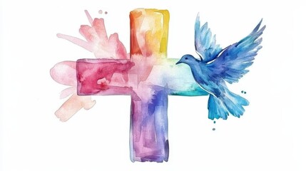 Obraz premium A watercolor painting of a cross with a dove flying above it